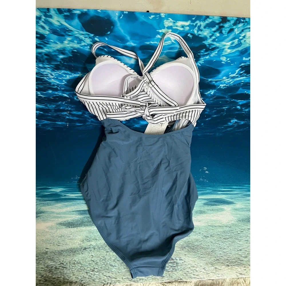 ☀️Eomenie Womens Striped Twist Front Tummy Control One Piece Swimsuit Blue White